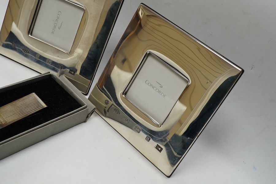 Two boxed modern silver mounted Concorde photograph frames, 12.1cm, Carr's of Sheffield, 1003, together with a silver Concorde money clip. Condition - good